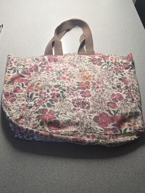 Floral Canvas Tote Bag with Brown Handles